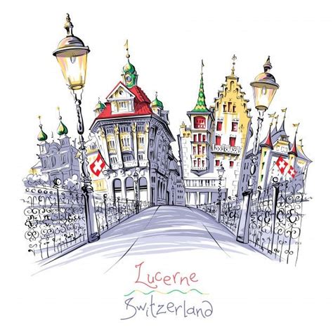 Old Town Of Lucerne, Switzerland | Art drawings sketches simple, Cool