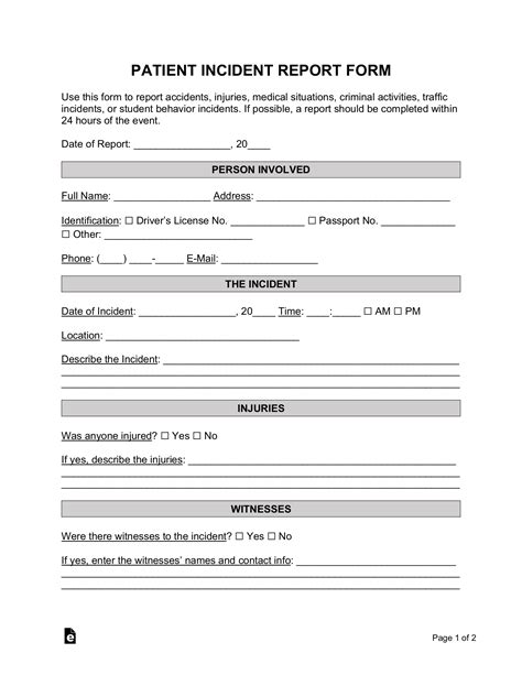 Free Patient Medical Incident Report Form Pdf Word Eforms Lic