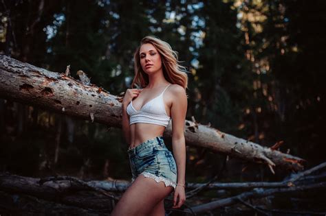 Wallpaper Blonde Jean Shorts Trees Tanned Belly Forest Women