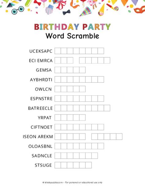 Printable Birthday Party Word Scramble Puzzle