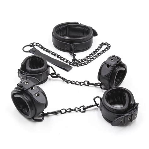 El Juego Bdsm De Cuero Real Negro Incluye Esposas Ancle Cuff Y Slave Collar Pu Cuero Bdsm