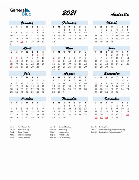 2021 Australia Calendar With Holidays