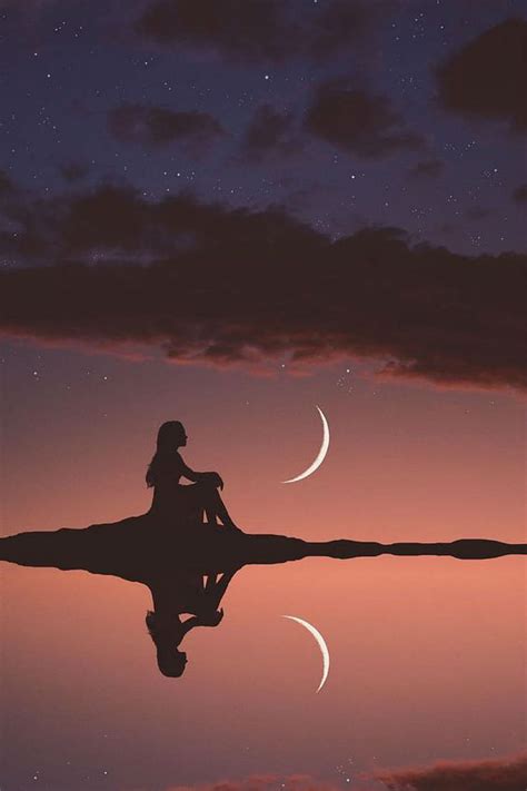 lonely moon crescent reflection silhouette girl alone thinking nightfall hd phone