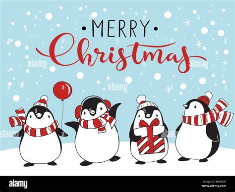 Merry Christmas Greeting Card With Cute Penguins Stock Vector Image