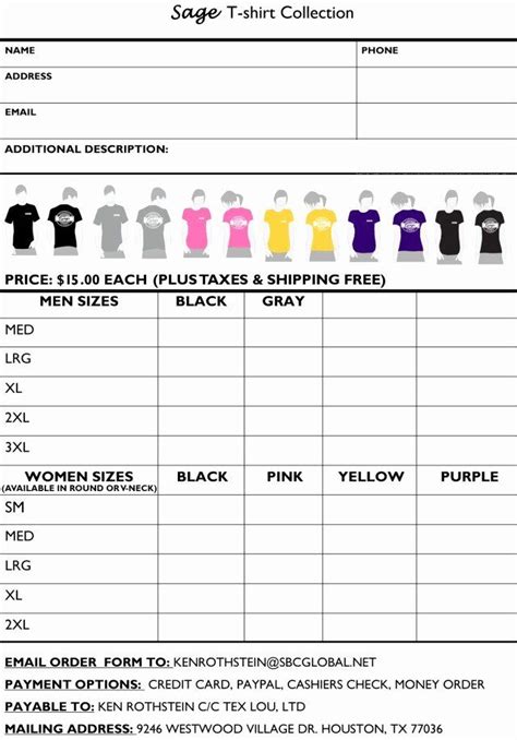 Clothing Order Form Template Free Unique Printable T Shirt Order Forms