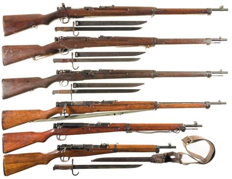 Six Japanese Bolt Action Military Rifles A Type 38 Rifle With Bayonet