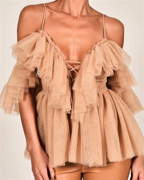 Daydream Tulle Blouse With Tiered Ruffles Nude Flirtyfull Mode Online