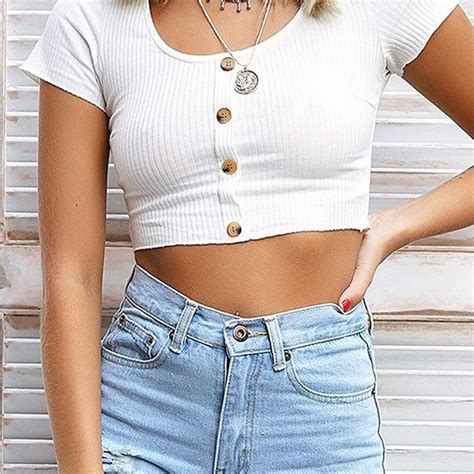 Eifer White Crop Top Sexy Female T Shirt Short Sleeve Buttons 2018