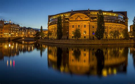 Stockholm Sweden Houses Rivers Bridges Evening Reflection Hd