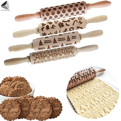 Sixtyshades Christmas 3d Wooden Rolling Pin Engraved Embossing Rolling