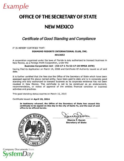 New Mexico Certificate Of Good Standing Certificate Of Existence