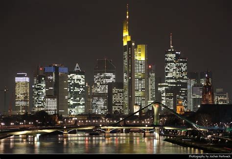 Skyline Seen From Deutschherrnbrücke Night Frankfurt Germany