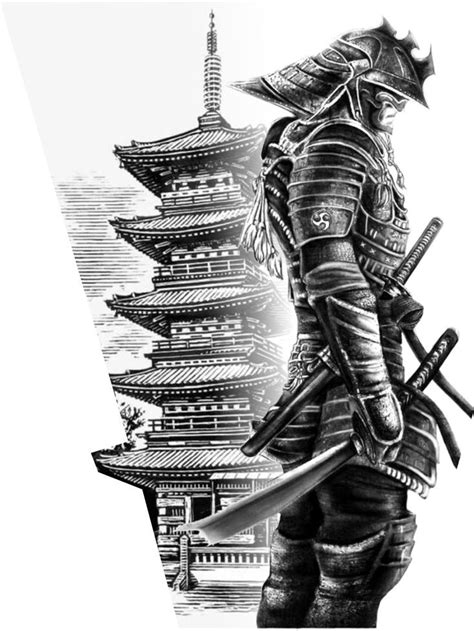 An Ink Drawing Of A Man With Two Swords In Front Of A Tall Pagoda Building