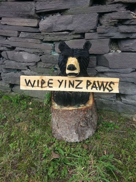 Custom Chainsaw Carved Stump Bear Holding A Sign By Parrish Chainsaw