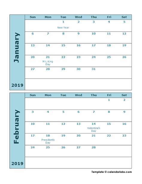 2019 Calendar Template Two Months Per Page Free Printable Templates