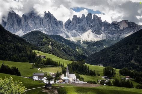 Italy Val Di Funes Valley Mountains Dolomites Church Village Of