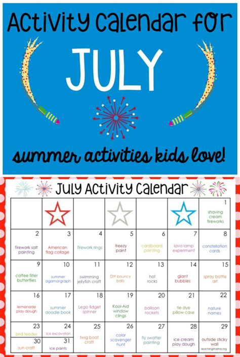 Activity Calendar For July Teaching Mama