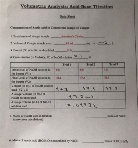 Solved Volumetric Analysis Acid Base Titration Data Sheet Chegg Com