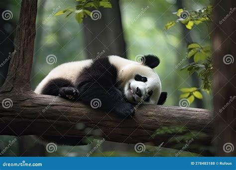 Panda Bear Sleeping On A Tree Branch China Wildlife Stock Photo