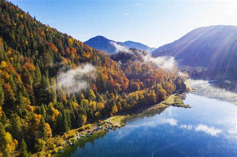 Germany Bavaria Lenggries Sylvenstein Reservoir In Autumn Stock Photo