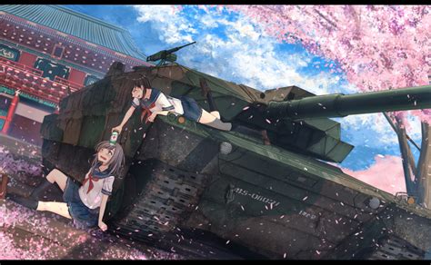 Wallpaper Anime Girls Vehicle Weapon Soldier Tank School Uniform
