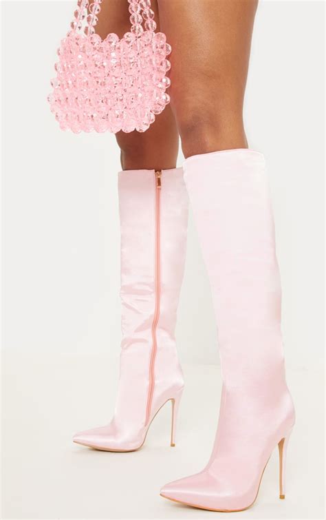 Pink Satin Knee High Point Boot Shoes Prettylittlething Aus
