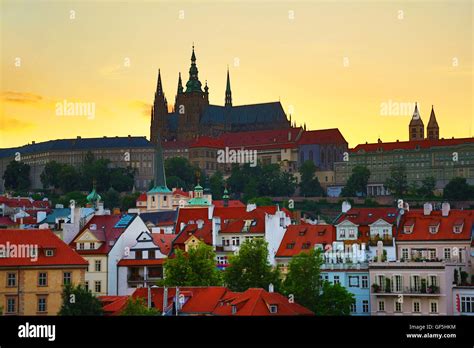 Silhouette Of Prague Castle And St Vitus Cathedral At Sunset In Prague