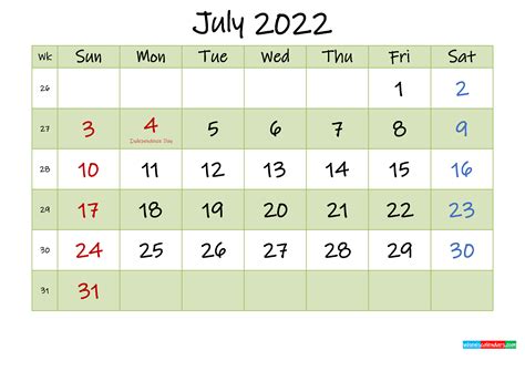 July 2022 Calendar Printable Pdf With Holidays Free Template Images