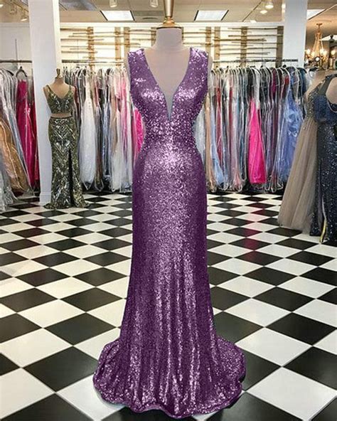 Light Purple Deep V Neck Prom Dresses Sequins Mermaid Glitter Evening Hoprom