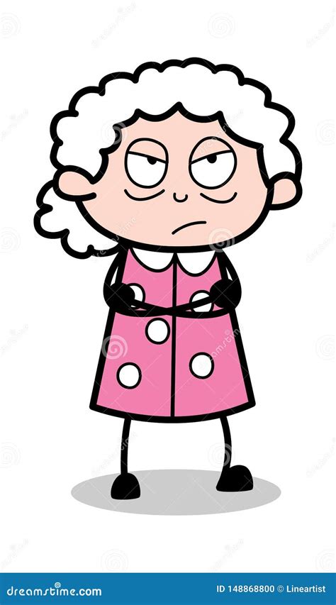 Cartoon Granny Standing In Rain Vector Illustration Stock Photo