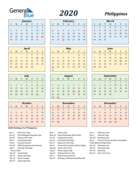 2020 Philippines Calendar With Holidays