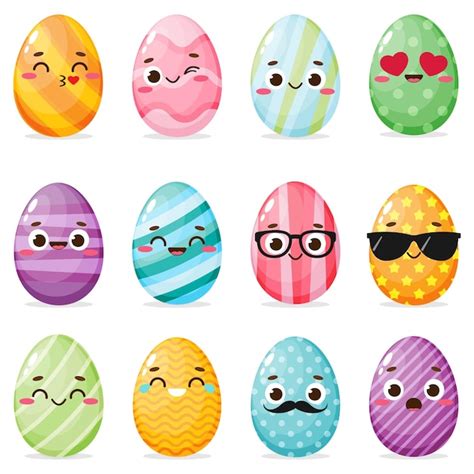 Premium Vector Set Of Painted Easter Eggs With Funny Faces Vector