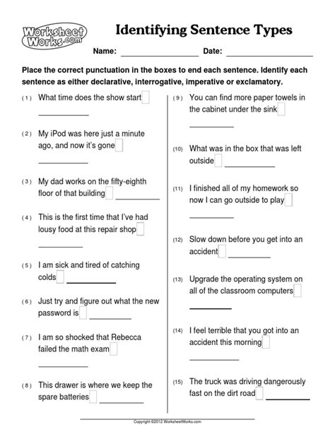 Sentence Types Practice Worksheets