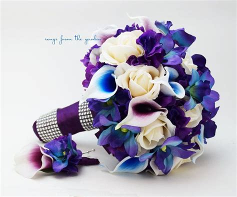 blue orchid picasso calla bridal bouquet real touch ivory roses purple hydrangea grooms