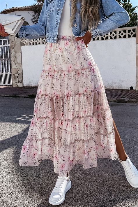 Us689 Pink Tiered Floral Maxi Skirt With Slit Wholesale Online