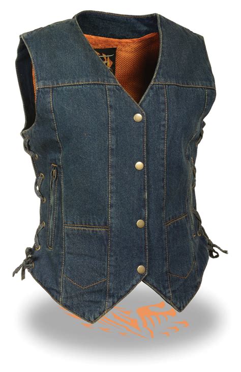 Ladies Blue Denim Snap Front Vest 6 Pockets And Side Laces