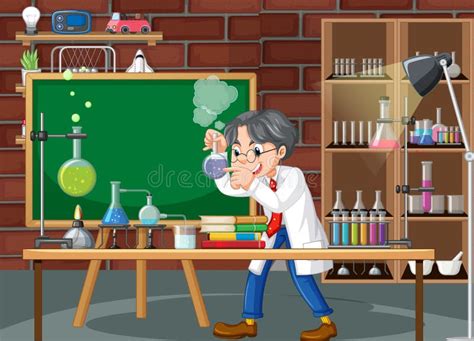Laboratory Scene With Scientist Cartoon Character Stock Vector