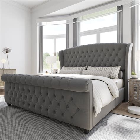 Amerlife King Size Platform Bed Frame Velvet Upholstered Sleigh Bed With Scroll Wingback