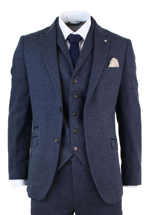 Mens 3 Piece Wool Blend Herringbone Tweed Suit Blue Brown Vintage