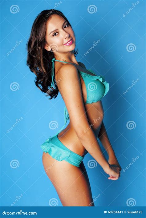 Young Pretty Brunette Girl In Bikini Smiling Stock Image Image Of Boobs Looking 63704441