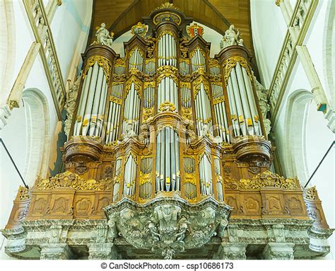Pipe Organ In Interior Of The Big Church Of Amsterdam Holland