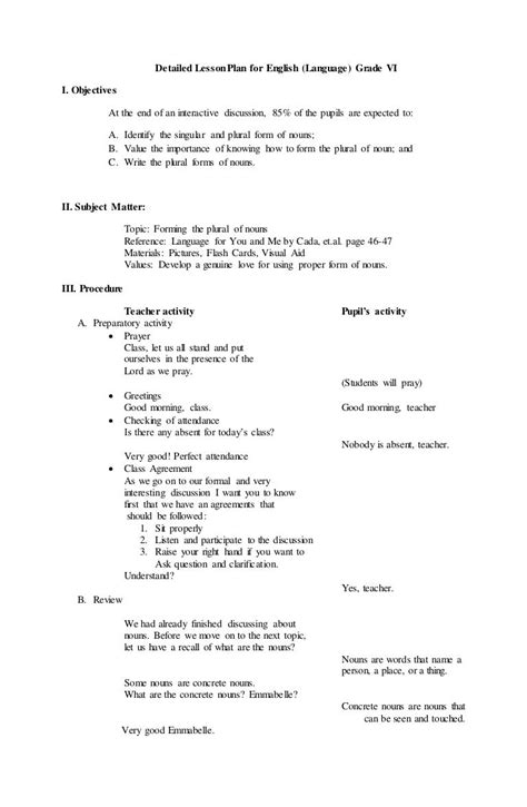 Detailed Lesson Plan For English Language Grade 6