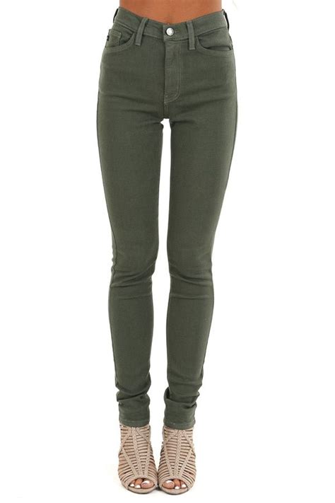 army green 5 pocket mid rise stretchy skinny jeans front view green jeans outfit army green