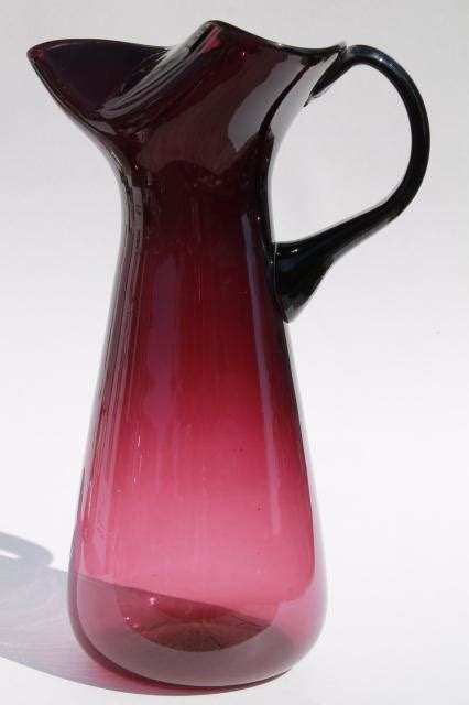 60s Vintage Amethyst Purple Glass Tall Cocktail Pitcher Pinch Spout Hand Blown Glass