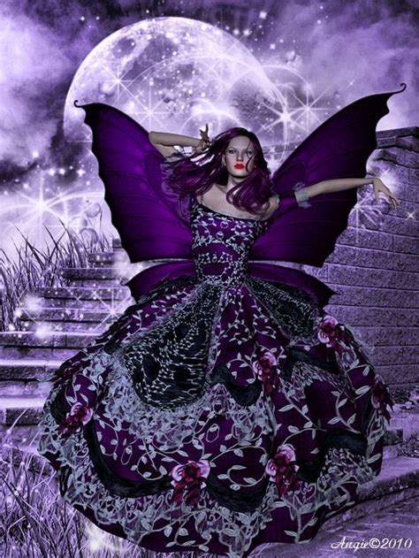 A Woman Dressed As A Fairy With Purple Hair And Wings In Front Of A