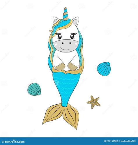 Cute Magic Mermaid Unicorn And Seashells Vector Cartoon Illustration