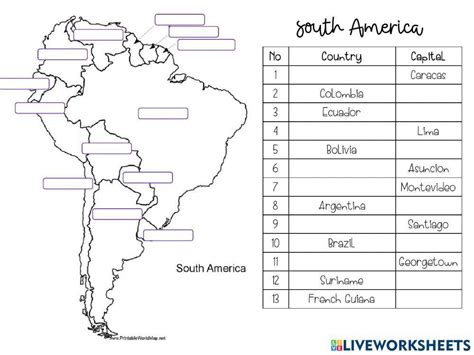South America Countries And Capitals Worksheet Live Worksheets