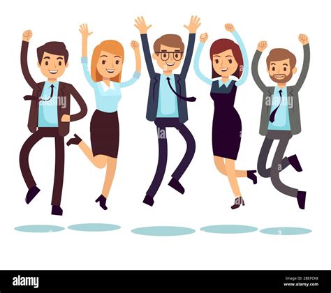 Happy And Smiling Workers Business People Jumping Flat Vector