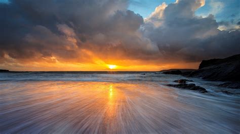 Coast Landscape Sea Ocean Wave Sunset Reflection Wallpaper