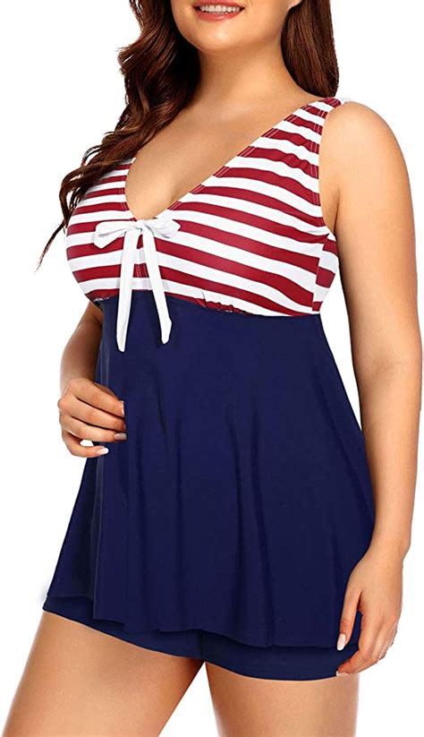 Yonique Plus Size Red Striped Tankini Swimsuits For Women Flowy Navy